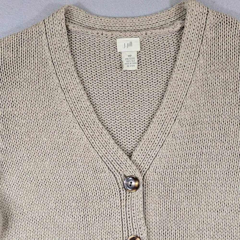 J Jill Cardigan Womens Medium Petite 100% Silk Tan Brown Beige Long Sleeve - Picture 3 of 10